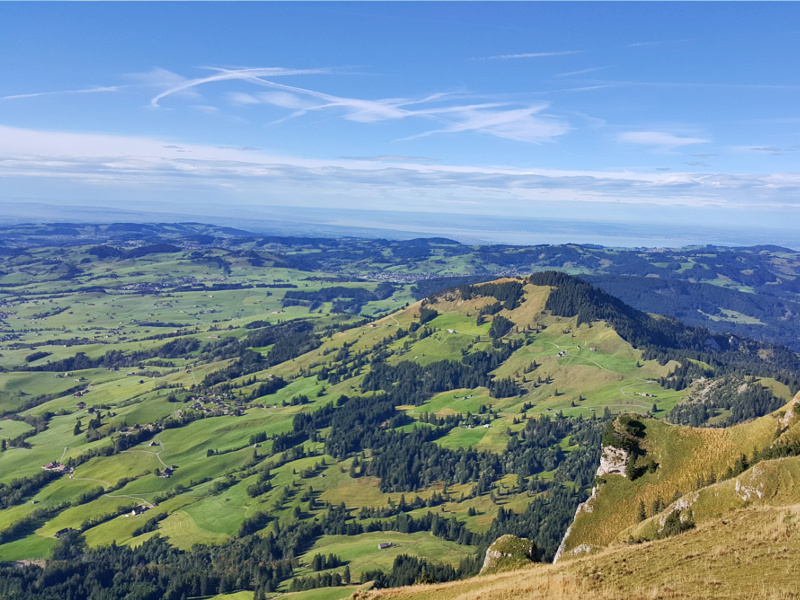 Aussicht auf grüne Hügellandschaft vom Kamor